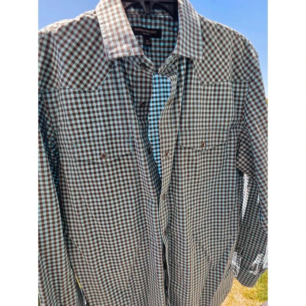 Men's‎ sz M Banana Republic Slim Fit Western Gingham Snap Front Shirt Blue Brown
